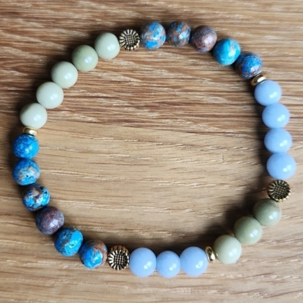 Green Matcha Jasper & Blue Angelite Beads Stretch Bracelet Set, Handcrafted - Picture 4 of 13